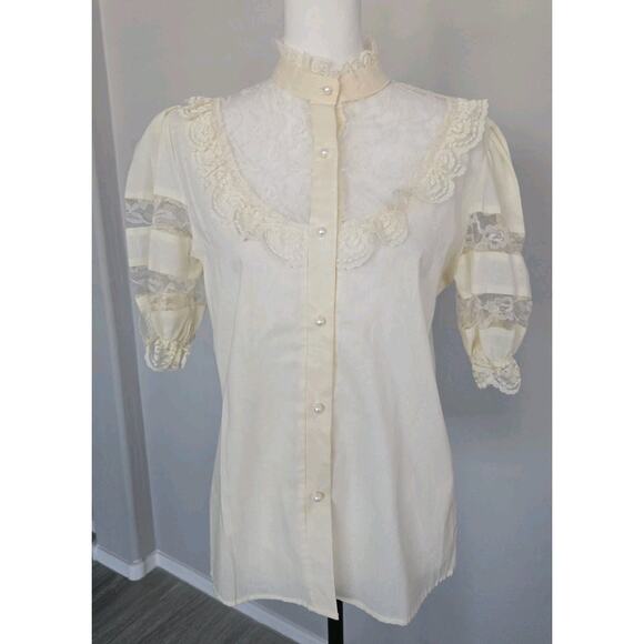 Vintage 70s Victorian Prairie Style Lace High Neck Pearl Button Blouse Top Sz M - Picture 1 of 11